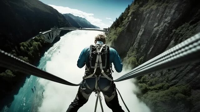 Extreme Bungee Jump Over Mountain Waterfall