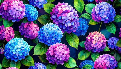 A vibrant floral pattern showcasing a seamless arrangement of colorful hydrangea blooms with green leaves