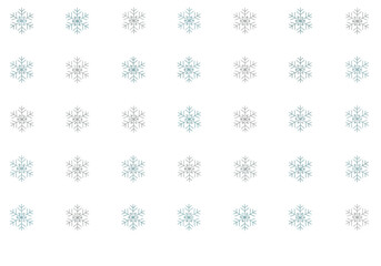 Pattern of blue and gray snowflakes on a white background arranged in rows and columns