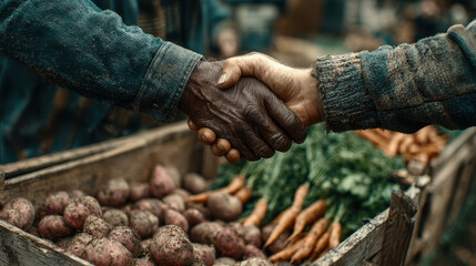 Handshake between two people at rustic market, surrounded by fresh produce like potatoes and carrots, symbolizes cooperation and community