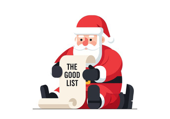 Santa sits with The Good List scroll wearing a red suit