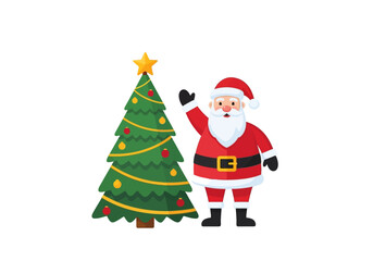 Santa next to a decorated evergreen tree with a gold star on top