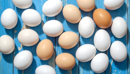 Overhead shot of various sized and colored chicken eggs on blue surface