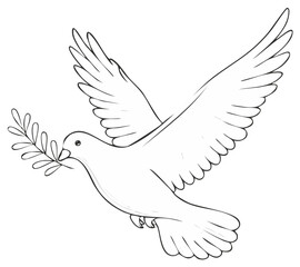 Obraz premium Simple line drawing of a dove with an olive branch in its beak flying against a white background