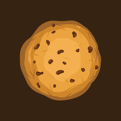 A top-down view of a single, delicious-looking chocolate chip cookie on a dark brown background.