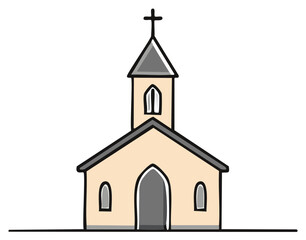 Fototapeta premium Simple Line Drawing of a Country Church with Cross Peaceful Serene Religious Icon Building