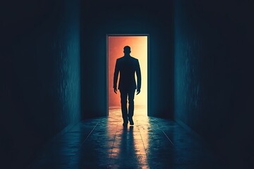 Obraz premium Silhouette figure entering mysterious light filled room picture