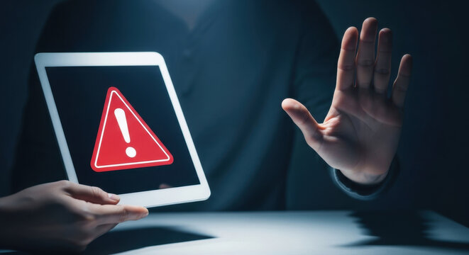 Alert Sign on Tablet with Hand Gesture Warning of Online Threats and Data Privacy Concerns in Dark Tone Cyber Security