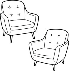 Mid-century modern armchairs, stylish retro furniture, tufted upholstery design, interior decor elements, minimalist seating, vintage lounge chairs, home furnishing vector illustration