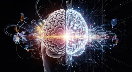 Digital Brain Half Organic Half Digital Glowing Circuits With Lights In Dark Background