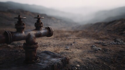 A rusty industrial pipe fitting with two valves stands in a desolate rocky landscape under a misty sky