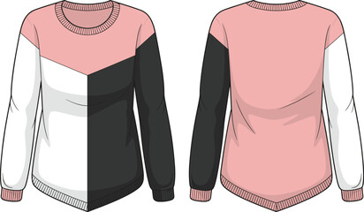 Women's color block top, front and back view, fashion flat sketch, long sleeve shirt, cad drawing flat vector illustration