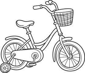 Child bicycle with basket, training wheels, chain guard, saddle seat, spoked wheels, curved frame, beginner bike design, line art vector illustration