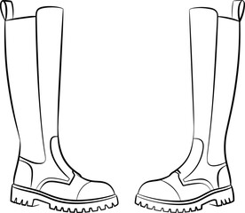 Tall rugged boots, outdoor footwear, heavy-duty sole, work boot design, line art, monochrome style, cad drawing flat vector illustration