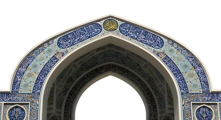 Islamic archway design with blue tile mosaic on white background