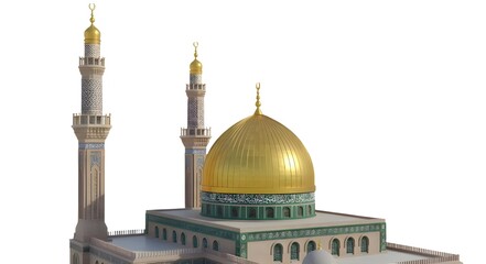 Islamic mosque with golden dome and minarets isolated on white