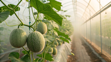Close-up of green melons growing in a modern greenhouse, showcasing sustainable agriculture, organic farming, and fresh fruit cultivation under controlled conditions.