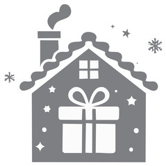 Stylized Festive House with Gift Box, Snow-Covered Roof, chimney and Stars for Holiday Celebrations