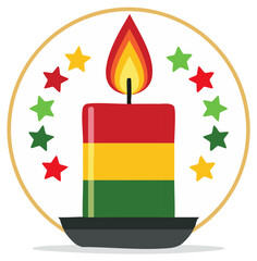 Vibrant Kwanzaa celebration candle illustration featuring red yellow green stripes and festive stars in a golden circle
