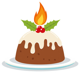 Flaming Christmas Pudding with Holly and Berries a Traditional Holiday Dessert Illustration