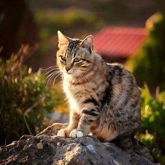 Obraz premium A serene cat perched on a rock bathed in warm sunlight