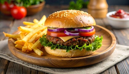 A delectable burger with fries sits on a wooden plate. Fresh ingredients, including lettuce, tomato, and onion, burst from the bun. A side of ketchup