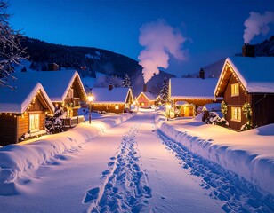Fototapeta premium Snow-Covered Village at Night