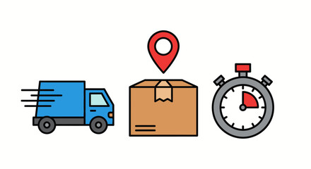 Vector delivery service icons set – truck, package, map pin, and stopwatch in clean flat minimal style