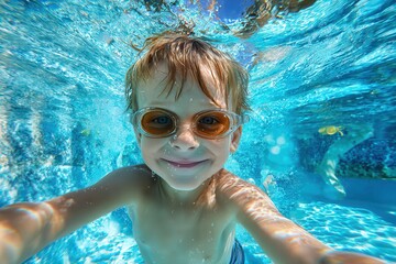 Naklejka premium Joyful boy learns swimming in the pool during summer activities in clear blue water