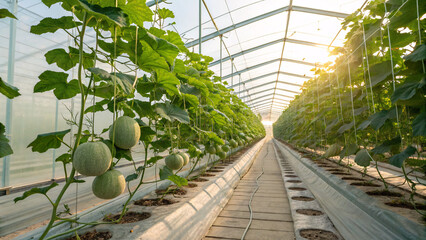 Close-up of green melons growing in a modern greenhouse, showcasing sustainable agriculture, organic farming, and fresh fruit cultivation under controlled conditions.