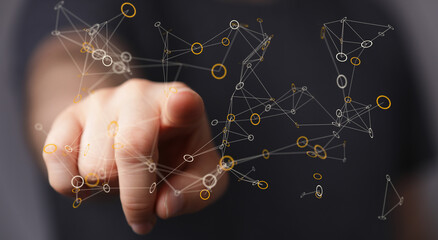 Fototapeta premium A hand reaching out to touch a digital network of interconnected points, symbolizing connection, communication, and data flow in a modern tech e