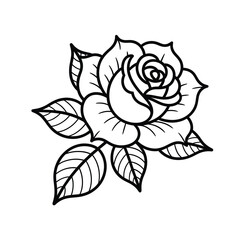 Classic black and white rose tattoo design with leaves