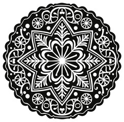 Intricate black and white floral pattern design, round decorative element