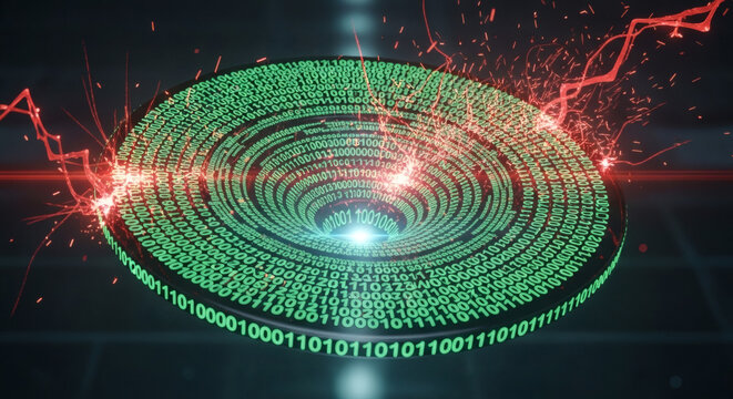 Conceptual 3D illustration of a futuristic digital vortex made of binary code, being struck by red electrical energy, symbolizing a cyber attack or data corruption