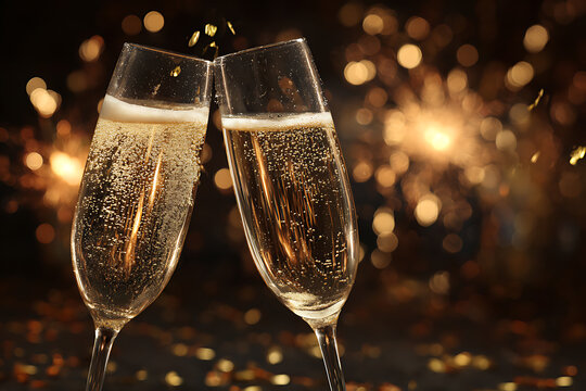 Elegant champagne toast sparkles with festive cheer for New Year's Eve celebration, anniversary, or milestone achievement, radiating joy and success