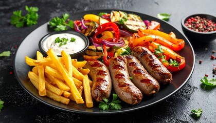 A delectable plate showcases grilled sausages, colorful grilled vegetables, crispy french fries, and a side of creamy white sauce