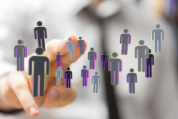 Abstract representation of a human network or team, symbolizing connection and collaboration. Finger pointing, teamwork, and conceptual ideas fo