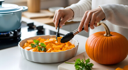 Hands preparing a delicious and nutritious autumn healthy food meal with diced pumpkin or squash in a modern kitchen setting, highlighting fresh ingredients for cooking.
