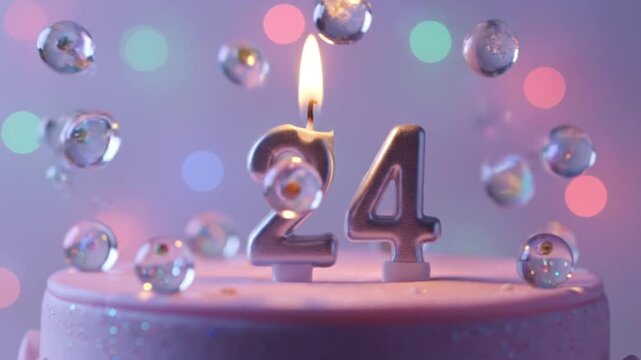 A festive 24th birthday celebration video featuring a close-up of a glowing birthday cake with a lit '24' candle, surrounded by shimmering clear orbs and soft, colorful bokeh lights.