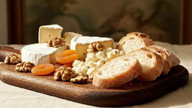 Gourmet cheese board featuring creamy brie crunchy walnuts sweet dried apricots and fresh baguette slices An ideal healthy snack or elegant appetizer on a rusti