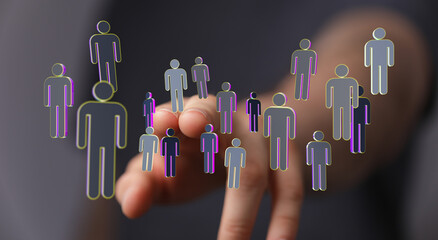 Conceptual image of a person touching a virtual representation of people connecting and collaborating. Human interaction in the digital space.