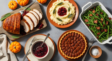 A Delicious Autumn Healthy Food Feast: Roasted Turkey, Pecan Pie, and Festive Sides on a Celebration Table, Flat Lay View