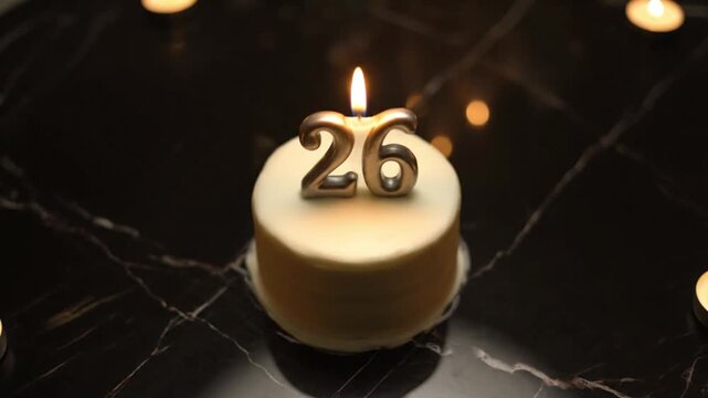 The video features a small white cake with a glowing number '26' candle, surrounded by soft, blurred lights on a dark, elegant surface, capturing a serene 26th birthday celebration.