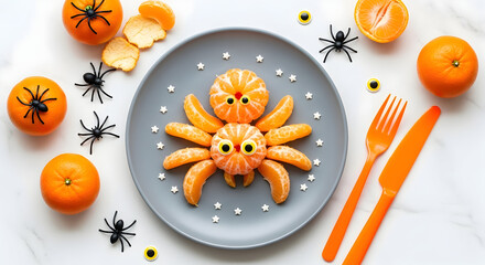 Creative Halloween Tangerine Spider: A Fun and Festive Autumn Healthy Food Snack for Kids, Artfully Arranged on a Plate with Spooky Decor and Fresh Citrus.