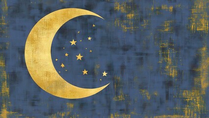 Golden crescent moon and scattered stars shimmer against a textured deep blue night sky, evoking wonder and tranquility for celestial themes