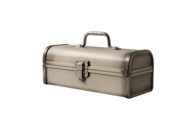 Retro metal toolbox with ornate latch and handle against a dark backdrop isolated on transparent background
