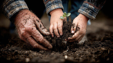 Hands of elderly person and child planting small seedling in soil, symbolizing growth and nurturing. image conveys sense of connection and care for nature
