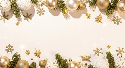 A festive Christmas border with golden ornaments, white baubles, and green fir branches against a light background.