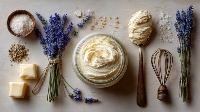 Creamy Butter with Lavender and Natural Ingredients on Wooden Table