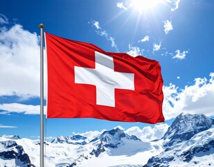 The Swiss national flag flying proudly against snow-covered mountains and a radiant blue sky—